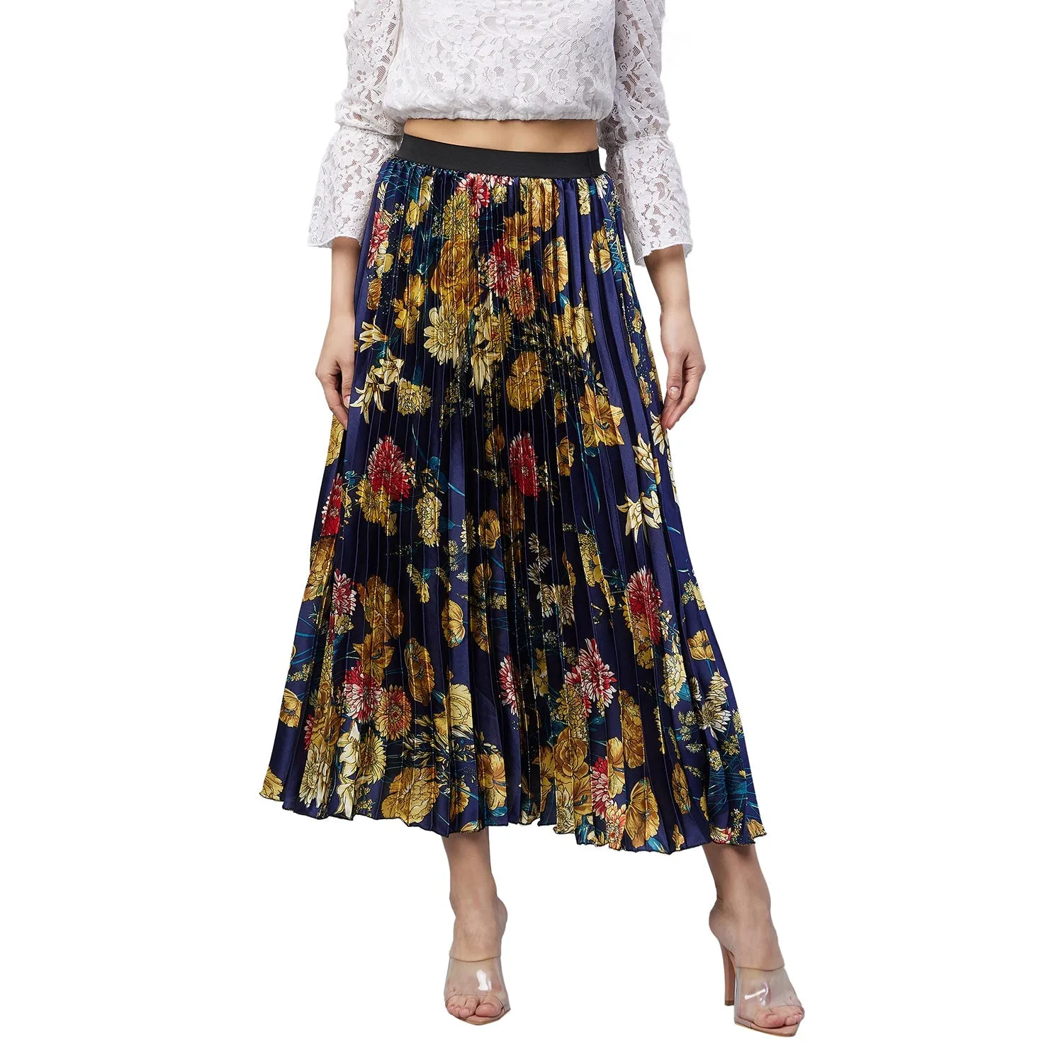 Women's Satin Pleated Skirt With Floral Print - Stylestone