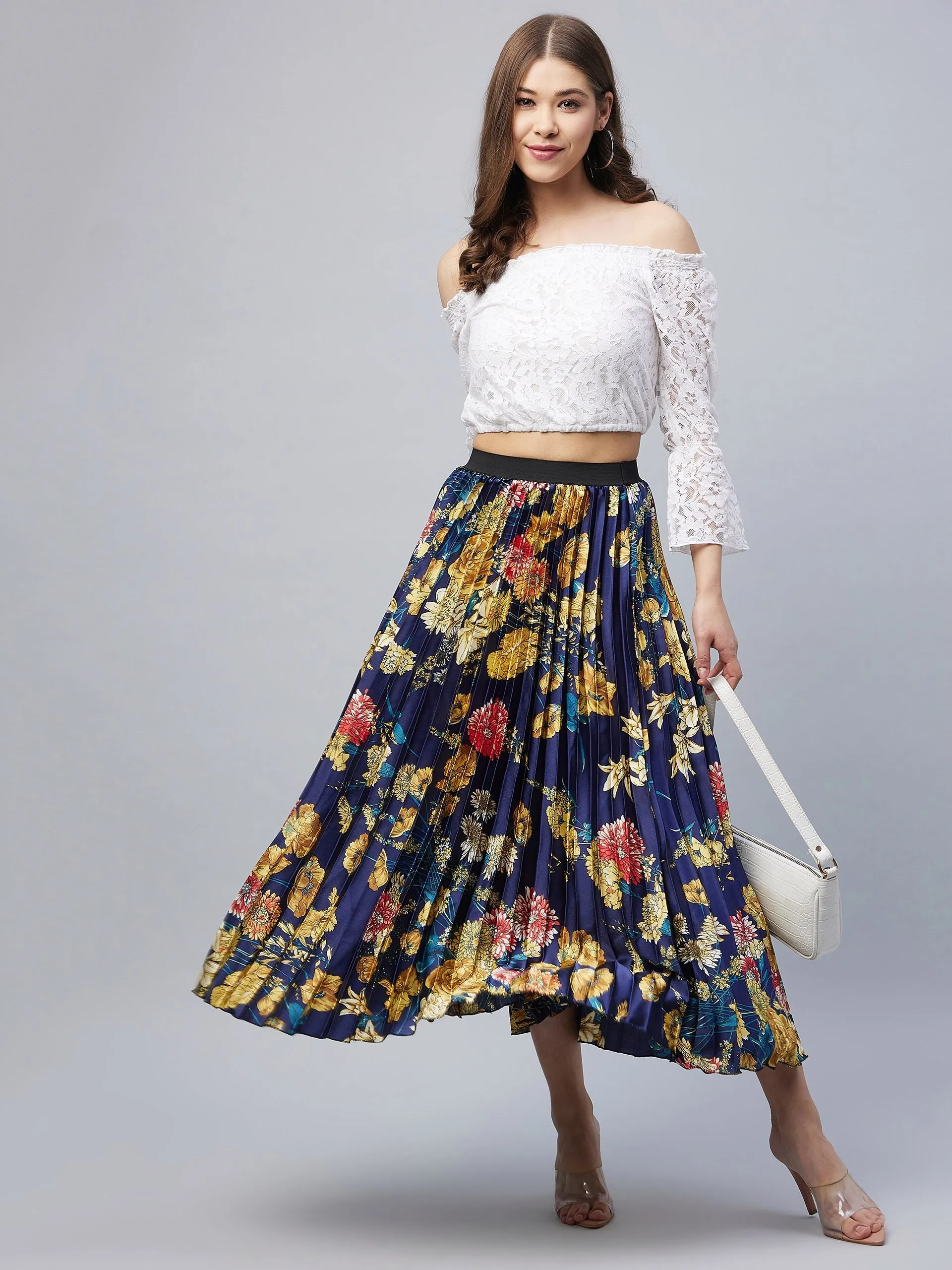 Women's Satin Pleated Skirt With Floral Print - Stylestone