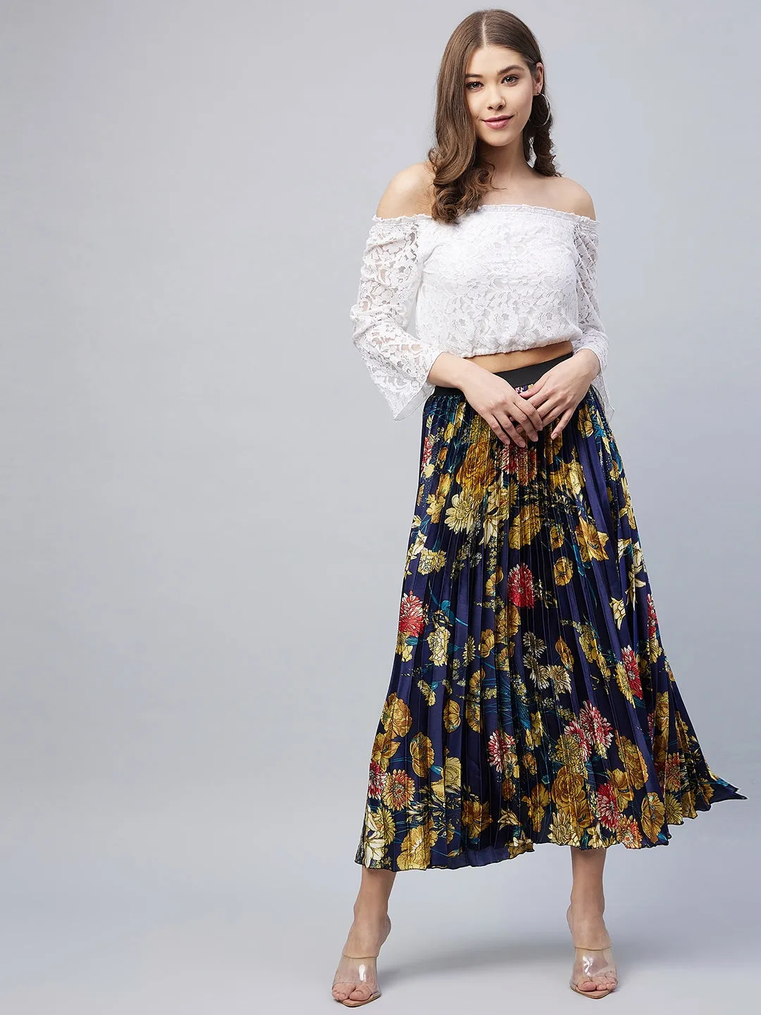 Women's Satin Pleated Skirt With Floral Print - Stylestone
