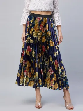 Women's Satin Pleated Skirt With Floral Print - Stylestone