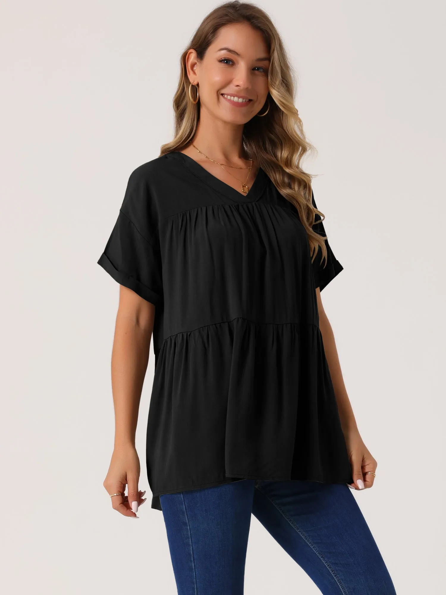 Women's Summer Babydoll Tops Casual V Neck Loose t Shirt Short Sleeve Peplum Blouse Tunics
