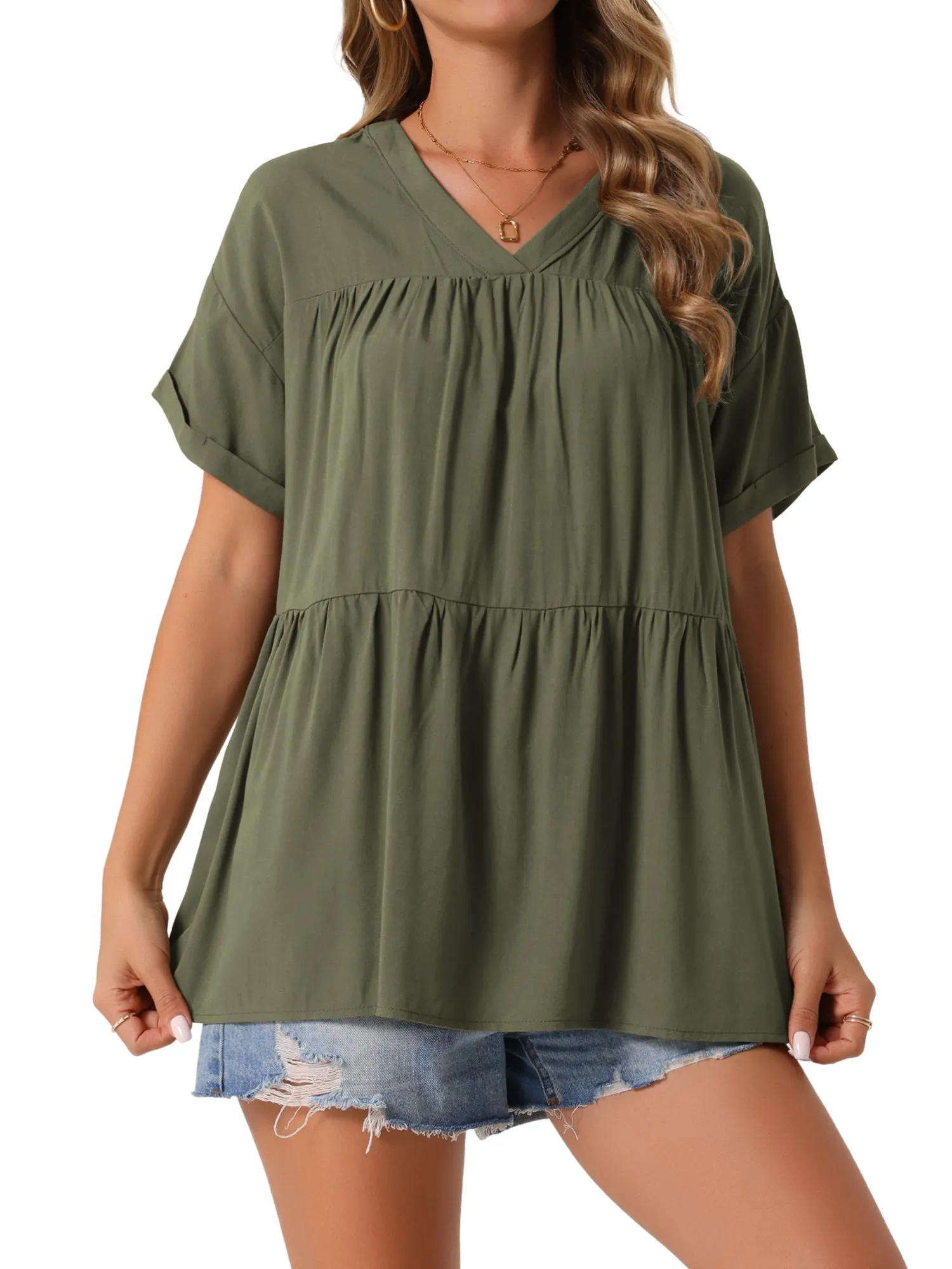 Women's Summer Babydoll Tops Casual V Neck Loose t Shirt Short Sleeve Peplum Blouse Tunics