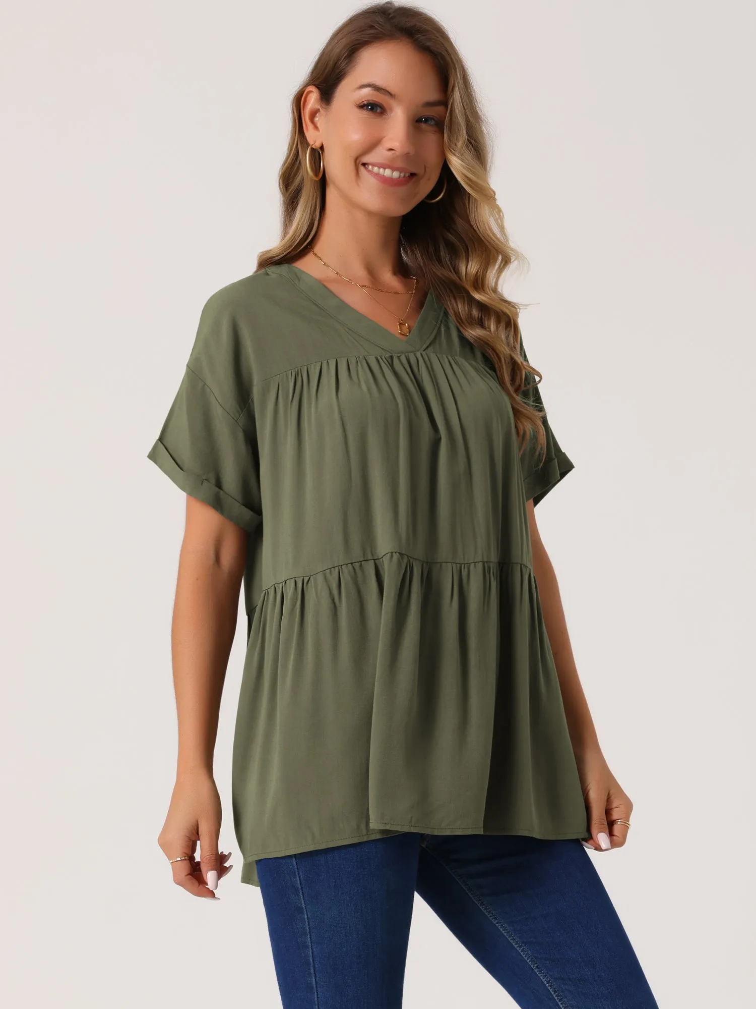 Women's Summer Babydoll Tops Casual V Neck Loose t Shirt Short Sleeve Peplum Blouse Tunics
