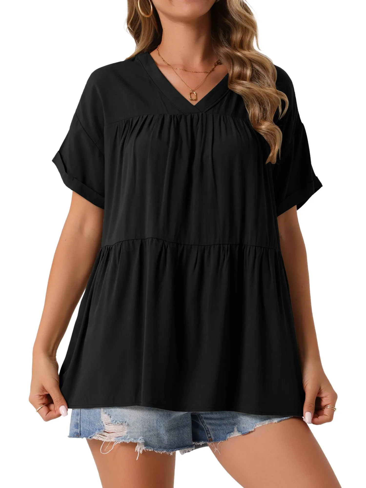 Women's Summer Babydoll Tops Casual V Neck Loose t Shirt Short Sleeve Peplum Blouse Tunics