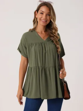 Women's Summer Babydoll Tops Casual V Neck Loose t Shirt Short Sleeve Peplum Blouse Tunics