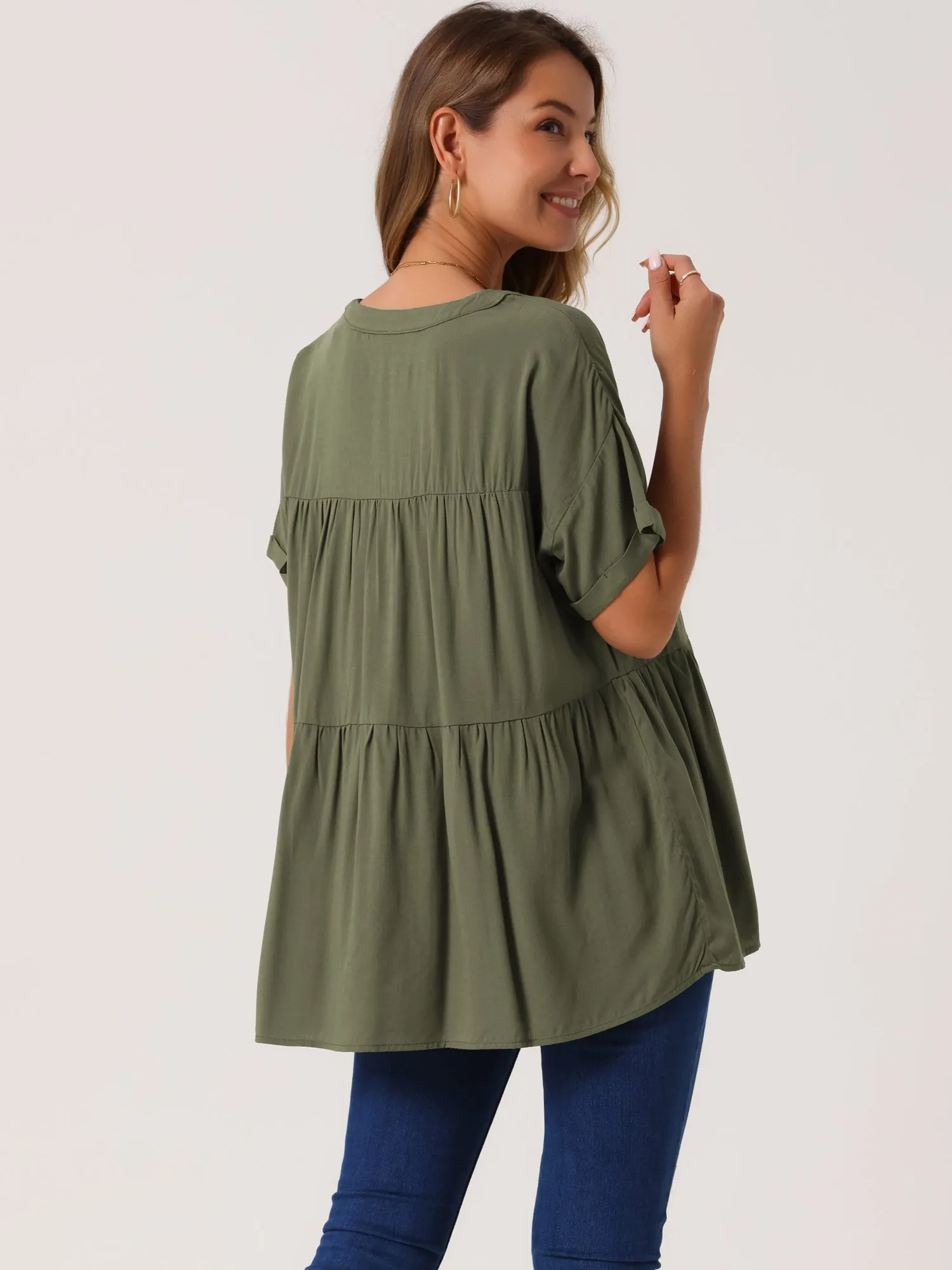 Women's Summer Babydoll Tops Casual V Neck Loose t Shirt Short Sleeve Peplum Blouse Tunics