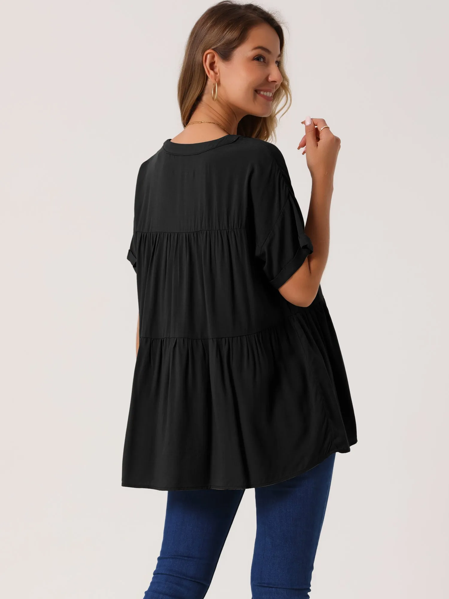 Women's Summer Babydoll Tops Casual V Neck Loose t Shirt Short Sleeve Peplum Blouse Tunics