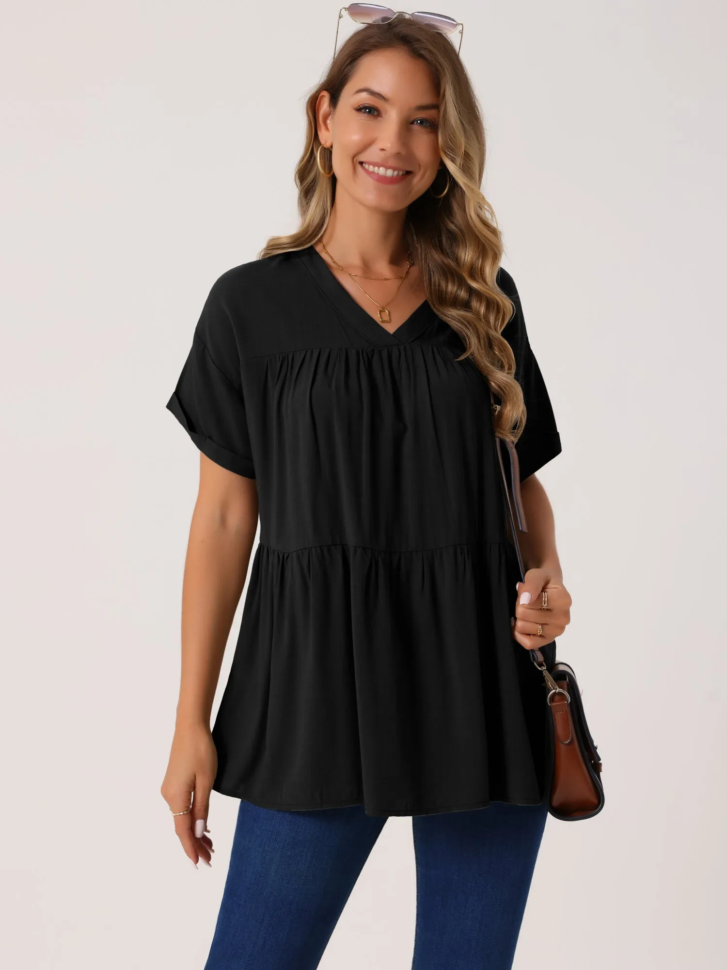 Women's Summer Babydoll Tops Casual V Neck Loose t Shirt Short Sleeve Peplum Blouse Tunics