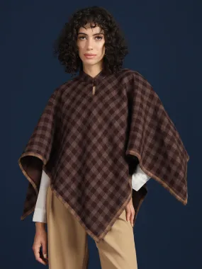Woven Checked Cashmelon thick Poncho for Women with Mandarin Collar and Lining | Brown