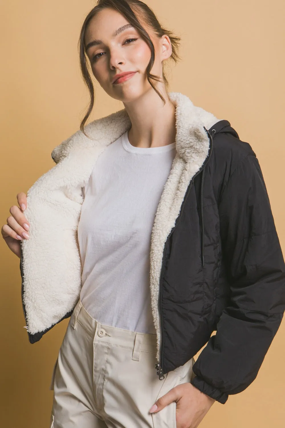 Zip Up Cropped Hooded Sherpa Reversible Jacket in Black