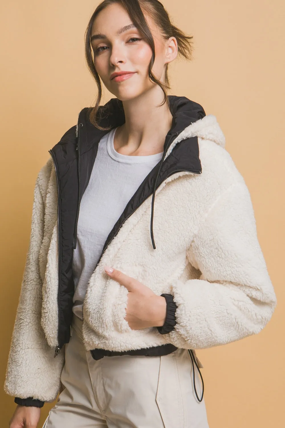 Zip Up Cropped Hooded Sherpa Reversible Jacket in Black