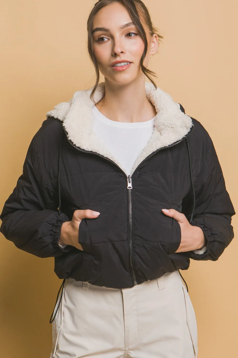 Zip Up Cropped Hooded Sherpa Reversible Jacket in Black