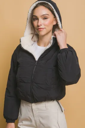 Zip Up Cropped Hooded Sherpa Reversible Jacket in Black