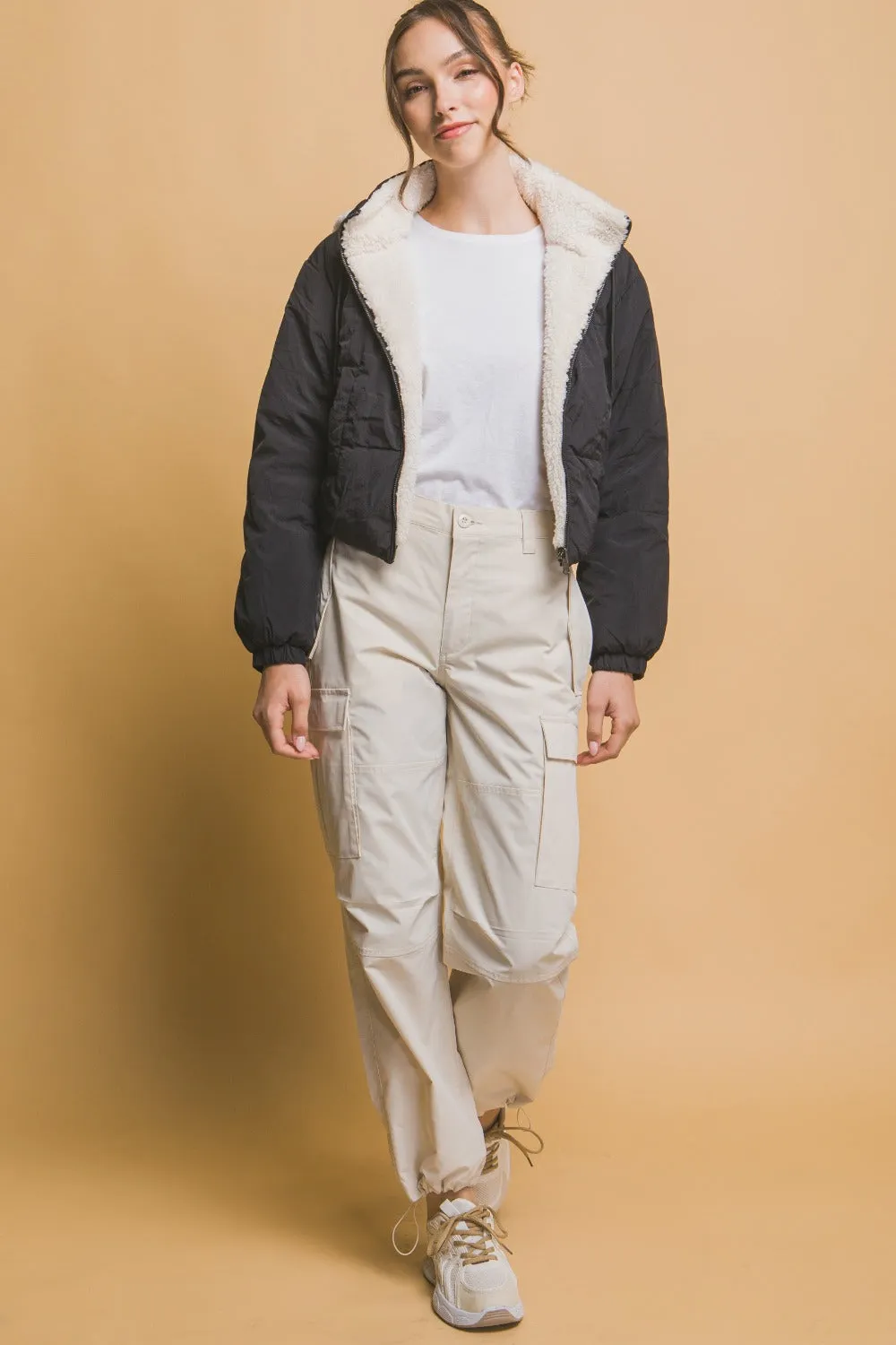 Zip Up Cropped Hooded Sherpa Reversible Jacket in Black